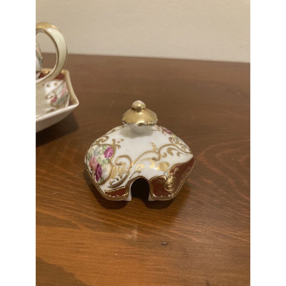 Antique Nippon c1911 Floral Sugar Bowl W/ Lid & Spoon Attached Plate Gold Accent - Picture 4 of 14